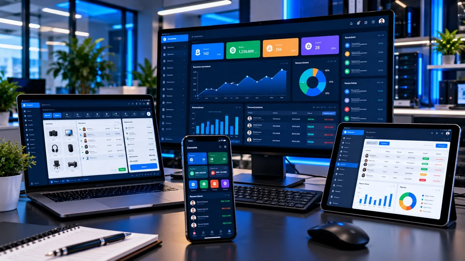 Ilustración conceptual de software empresarial; no es una captura de nuestros productos